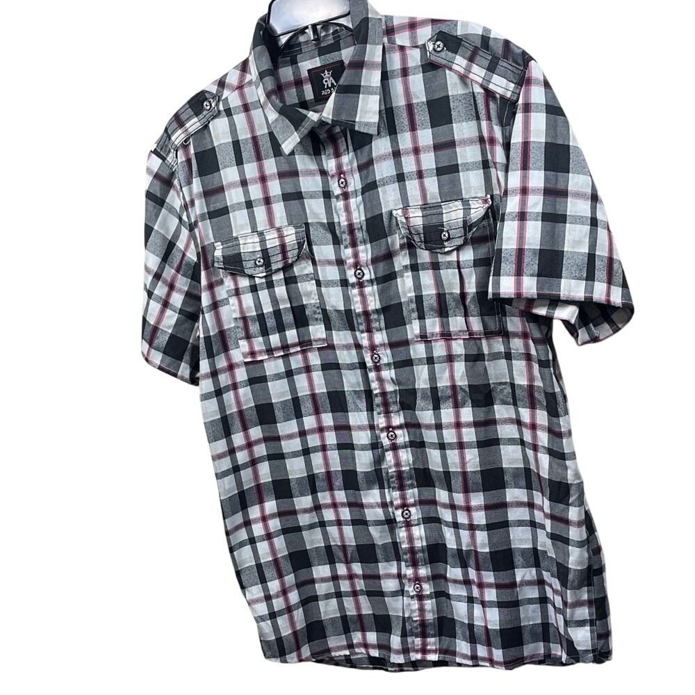 Men's Short Sleeve Plaid Button-Up Shirt - Black, White & Pink